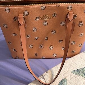 Coach Tan Leather Tote with Shell & Starfish Print